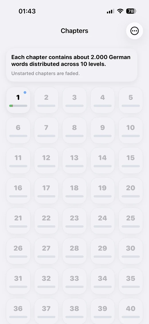 DDDQuiz chapters overview screen