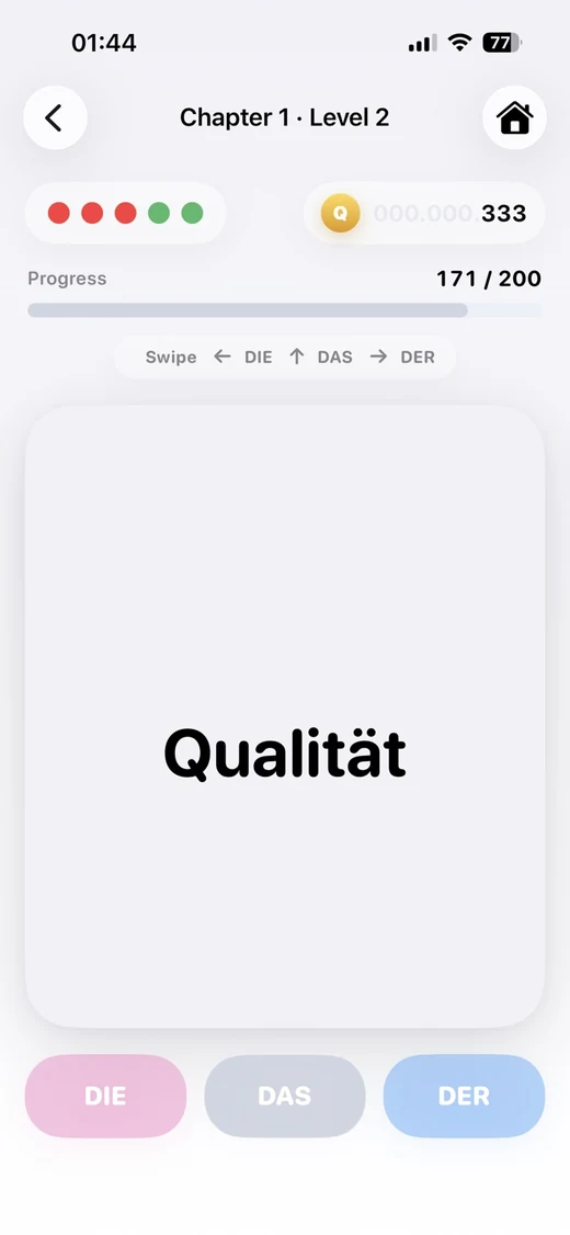 DDDQuiz quiz screen with German noun card