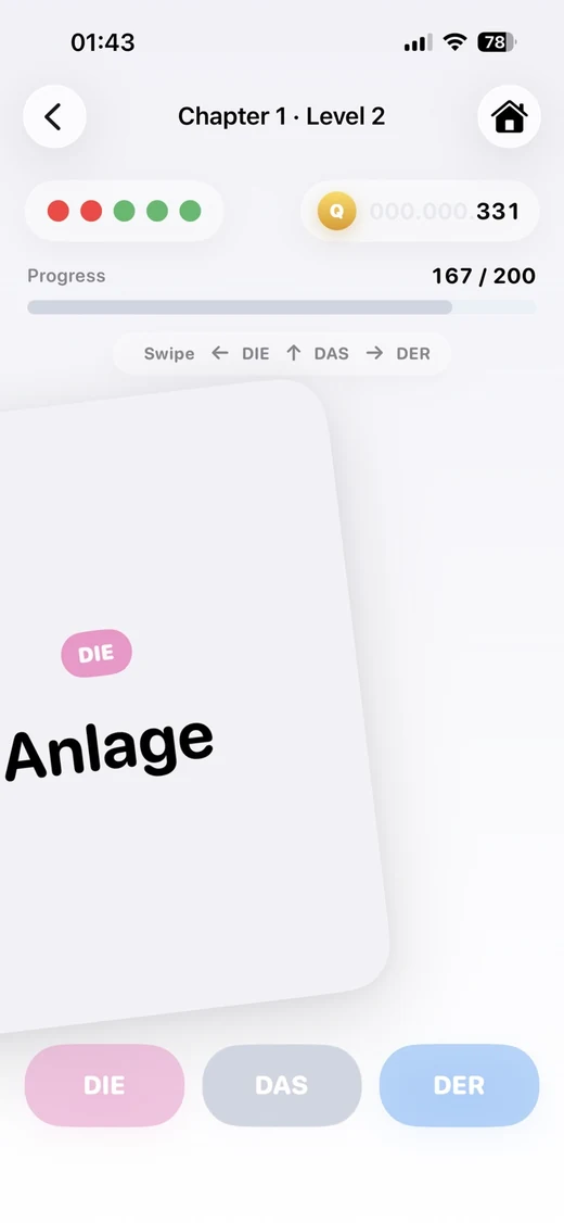 DDDQuiz swipe gesture screen showing DIE, DAS, DER directions
